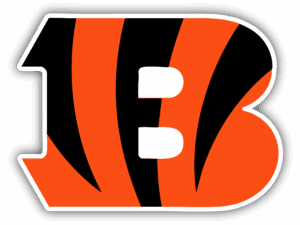 Close-up of the Cincinnati Bengals logo with orange and black stripes.