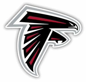 Atlanta Falcons logo with a stylized falcon head in red, black, and white.