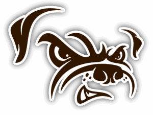 Aggressive cartoon goat head with sharp horns and angry expression.
