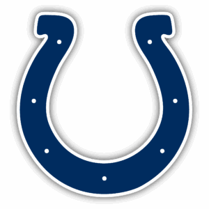 Blue horseshoe logo with white dots on a black background.