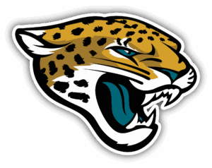 Fierce jaguar head logo with teal tongue and sharp teeth.