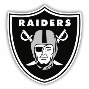 The iconic Las Vegas Raiders shield logo with a masked football player and crossed swords.