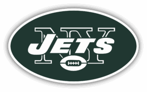 Logo of the New York Jets football team featuring bold text and a football icon.