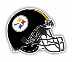 A black Pittsburgh Steelers football helmet with the team's logo.