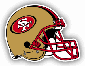 Gold football helmet with red 49ers logo and faceguard.