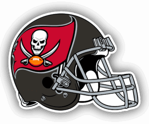 Tampa Bay Buccaneers football helmet with skull and crossed swords logo.