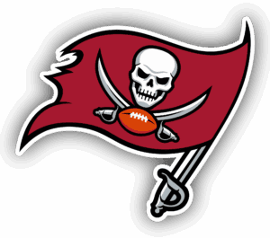 Pirate-themed sports team flag with skull, crossed swords, and football.